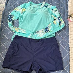 Free Country Turquoise Floral Long-Sleeve Rashguard with Navy Swim Shorts
